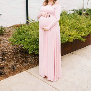 PinkBlush Pink Solid Off Shoulder Maternity Maxi Dress (M)